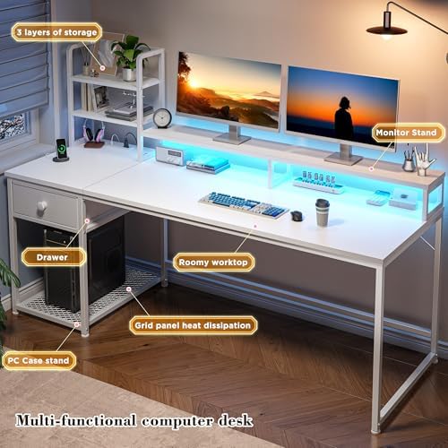 EnHomee 55" Reversible White Computer Desk with Hutch, USB & LED - Image 6