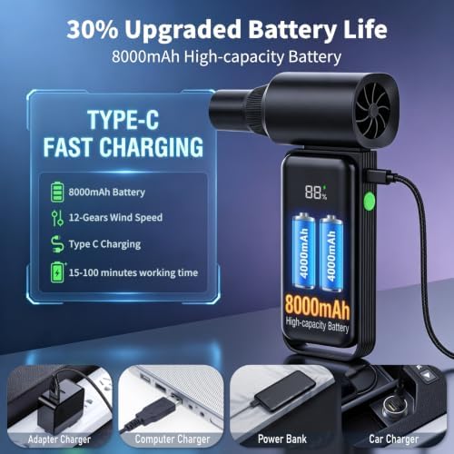 Compressed Air Duster - 180000RPM Powerful Electric Air Duster, 12 Gear Adjustable Cordless Air Blower, Rechargeable Air Dust Cleaner for Keyboard, Computer, Home, Outdoor, Car - Image 2