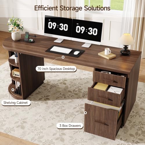 ONBRILL 70" Fluted Executive Desk with File Drawers (Walnut) - Image 3