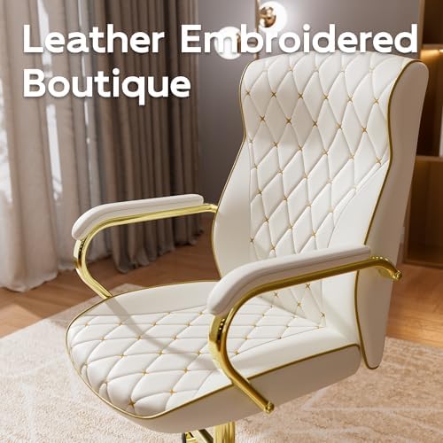 HomeZeer White and Gold Office Chair, Luxury Leather Executive Desk Chair - Image 6