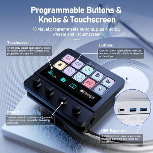 AJAZZ Macro Keypad Stream Controller Deck Gaming Streaming Shortcut Keyboard, 10-Key LCD Programmable Visual AI Touchpad with 4 Rotary Knobs for YouTube, Desk Office Setup, Laptop, PC, Mac - Image 3