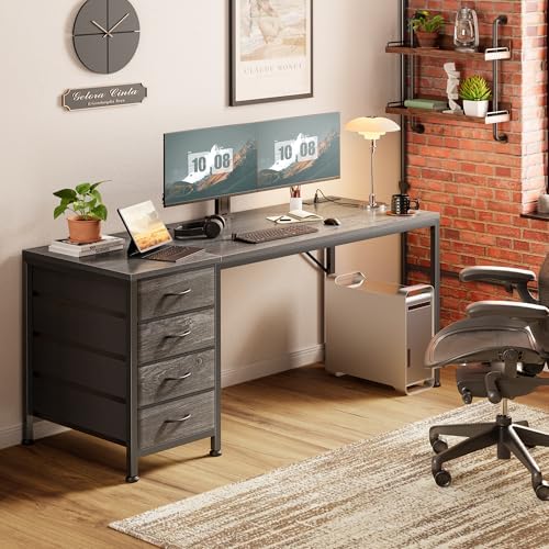 PRAISUN 55.1 Inch Computer Office Desk with Power Outelts and USB-C Port, Reversible Gaming Desk with 4 Fabric Drawers, Work Study Desk Work from Home, Grey - Image 2