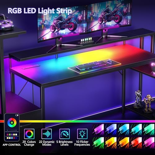 Korfile 63 Inch Gaming Desk with Bluetooth LED Lights & Power Outlets,Computer Desk with Fabric Drawers & Hooks,Reversible Gamer Table with Monitor Stand for Game Room,Home Office,Carbon Fiber Black - Image 4