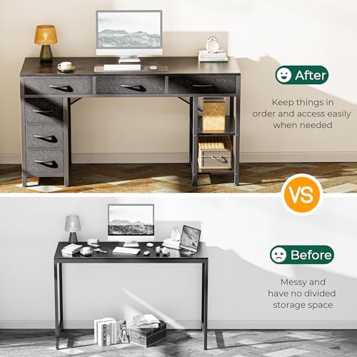 Huuger Computer Desk with 6 Drawers, Office Desk with Shelves, Reversible Gaming Desk, Corner Desk with Storage, Work for Home Office, Study, Living Room, 47inch, Black - Image 5