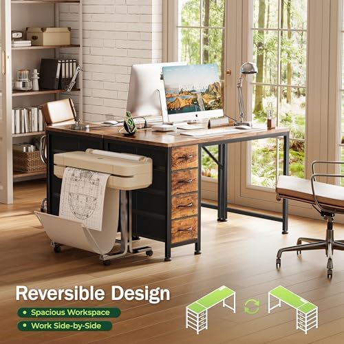 PRAISUN 39.4 Inch Computer Office Desk with Power Outelts and USB-C Port, Reversible Gaming Desk with 4 Fabric Drawers, Work Study Desk Work from Home, Rustic Brown - Image 4