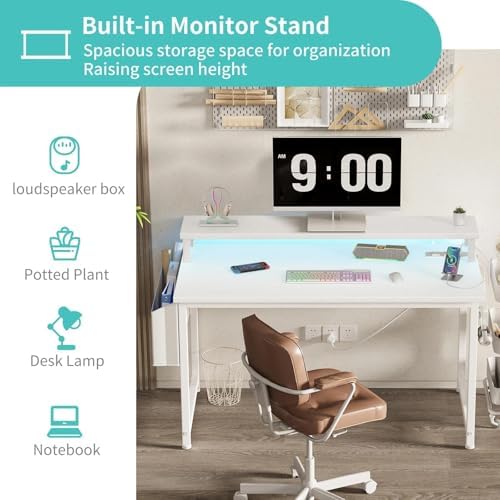 Lufeiya Small White Desk with LED Lights and Power Outlets, 32 Inch Home Office Computer Desks with Monitor Stand, Teen Writing Study Table Gaming Desk with Charging Station, White - Image 6