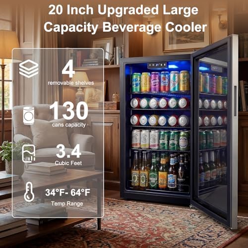 20 Inch Beverage Refrigerator, Mini Fridge with Glass Door for Soda Beer– 130 Can Small Fridge for Home Office Bar, 3.4 Cu.Ft Drink Cooler with Reversible Door, Digital Temperature Control - Image 2