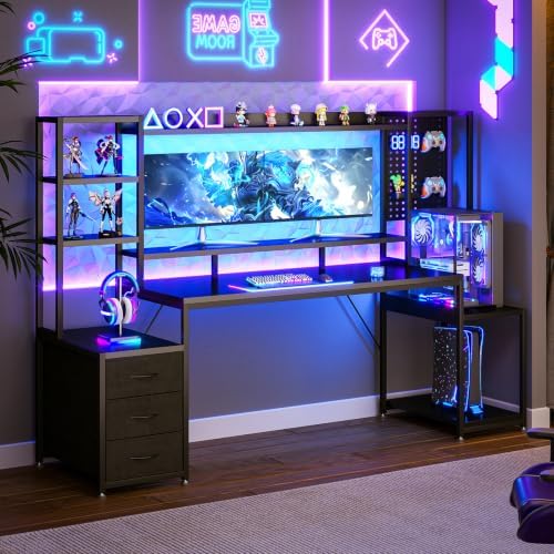 AODK 76 Inch Gaming Desk with Storage Shelves, LED Lights, 3 Drawers - Image 2