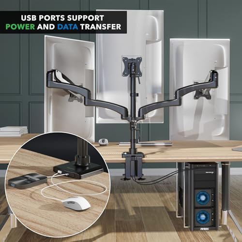 Mount-It! Triple Monitor Desk Stand, USB-A & C, Black - Image 2