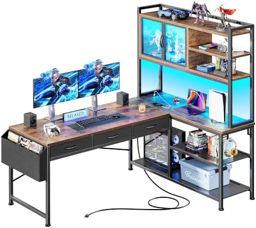 PRAISUN 57.5 Inch L Shaped Gaming Desk with Power Outlets and LED Lights by PRAISUN