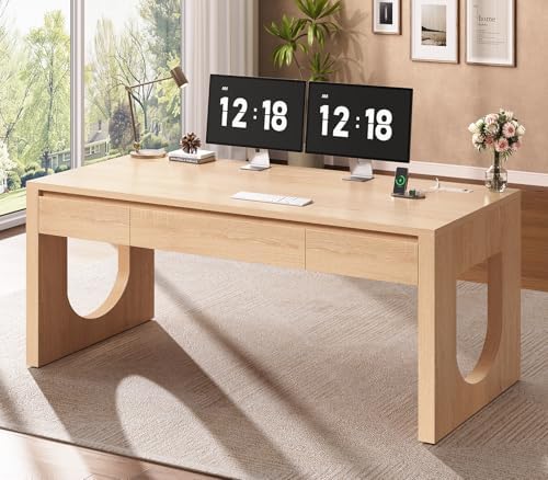 SEDETA 55" Modern Executive Office Desk with 3 Drawers, Light Oak by SEDETA