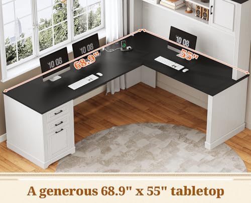 SEDETA Farmhouse L Shaped Desk with Hutch and 3 Drawers, 68.9" Executive Office Desk with File Drawer and Power Outlet, Corner Computer Desk with Storage Shelves for Home Office, White - Image 6