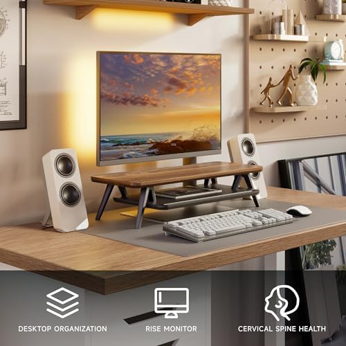 Fenge Monitor Stand Riser, Wooden Desk Shelf with 2-Tier Storage - Image 2