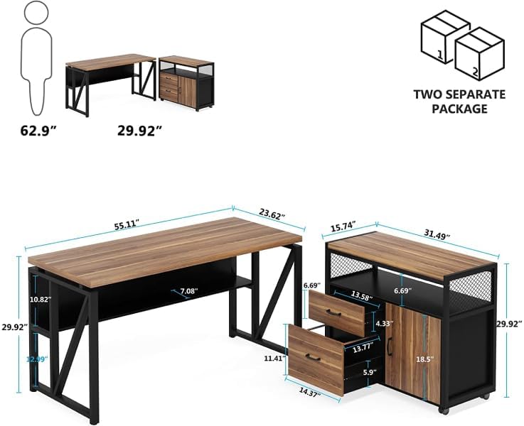 Tribesigns 55" Executive Desk with Reversible File Cabinet, Large L-Shaped Office Desk with Drawers, Business Furniture Workstation for Home Office (Dark Walnut, 55-inch) - Image 2