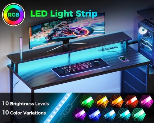 Casaottima 59 Inch Gaming Desk with USB Charging Ports & LED Light - Reversible Computer Desk with 3 Fabric Drawers, Monitor Stand, CPU Stand, Modern Office Desk, Pure Black - Image 5