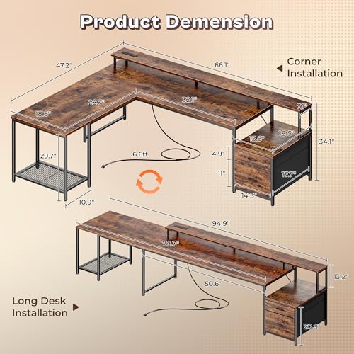PRAISUN 66" L Shaped Gaming Desk with LED Lights & Power Outlets - Image 2