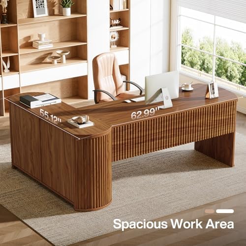 Tribesigns 79" L-Shaped Executive Desk with File Drawers, Brown - Image 3