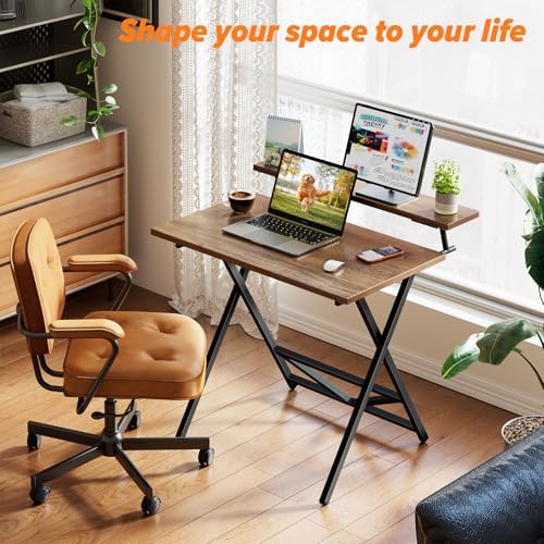 WOHOMO Folding Computer Desk with Monitor Stand, Adjustable Height, Walnut - Image 3
