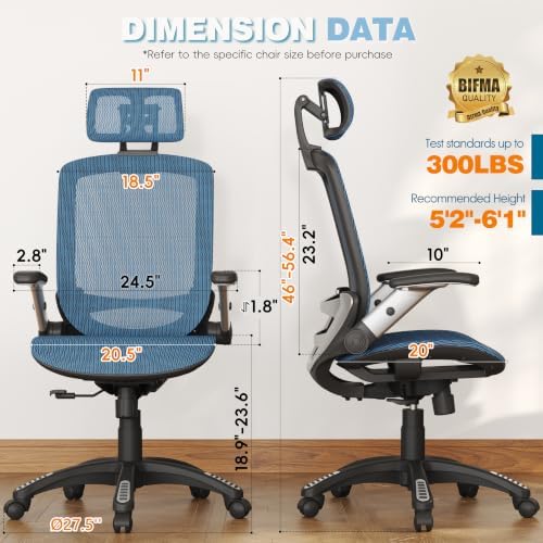 GABRYLLY Ergonomic Office Chair, High Back Home Desk Chair with 2D Flip-Up Arms, 3D Headrest, 90-120° Tilt and Wide Cushion, Big and Tall Mesh Chairs for Man Woman, Blue Computer Task Chair - Image 2