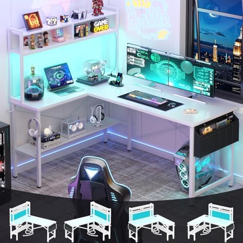 Aheaplus 59" L Shaped Desk Gaming Desk with LED Light & Power Outlet, White - Image 5
