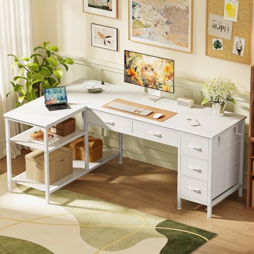 PRAISUN 55 Inch L Shaped Desk with Power Outlets, 5 Fabric Drawers - Image 2
