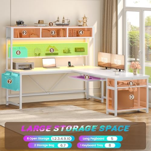 SEDETA White L Shaped Gaming Desk with Hutch, Power Outlet and Pegboard - Image 6