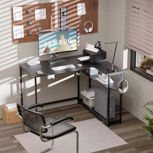 Pamray 43 Inch L Shaped Computer Desk with Reversible Side Storage Shelves, Small Corner Desk for Small Space Home Office,Writing Study Table Gaming PC Desk for Bedroom,Black - Image 2