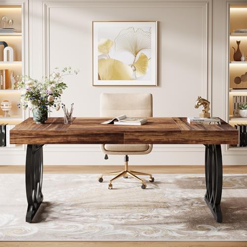 Tribesigns 63-Inch Executive Desk, Modern Office Computer Desk with Stylish Gold Legs, Rectangular Workstation for Home Office, Small Conference Table for Meeting Room (Brown & Black) - Image 3