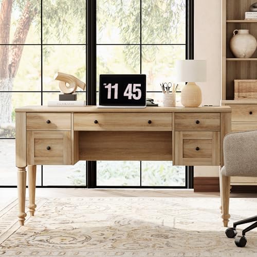 WAMPAT Farmhouse Executive Desk with Drawers, 56 Inch Writing Desk, Oak - Image 3