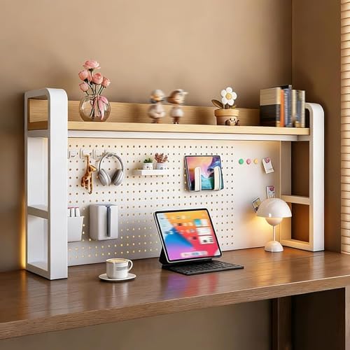 2/3/4 Tier Desktop Bookshelf with Pegboard and Storage Parts, Metal Desktop Organizer Hutch, Desk Shelves for Top of Desk, Shelf Organizer Display Rack for Dorm Home(White+Wood,2-tier L53.1in) by Unknown