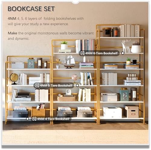 4NM No Assembly Extra Wide 5 Tier Folding Bookshelf Tall Storage Shelves Vintage Bookcase Standing Racks Study Organizer Home Office - Image 5