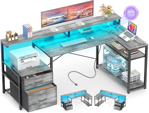 Aheaplus L Shaped Desk with File Drawer, Reversible L Shaped Gaming Desk by Aheaplus