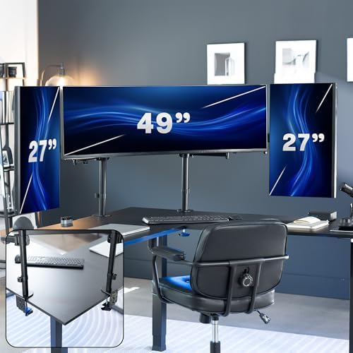 VIVO Clamp-on Dual Pole Triple Monitor Desk Mount for 1 Center Utrawide up to 49 inches and 59.4 lbs, 2 Side Screens up to 38 inches and 17.6 lbs, Low Profile Adjustable Stand, Black, STAND-V300CU - Image 2