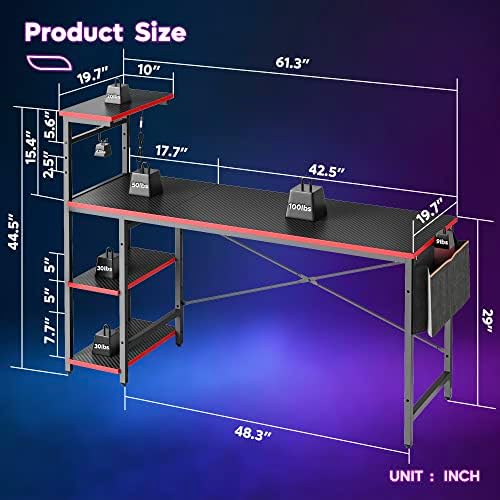 Bestier 61 Inch Gaming Desk with LED Lights, Reversible Shelves, Height Adjustable Shelf, Steel Frame, CARB P2 Class Board, Black 3D Carbon Fiber - Image 3