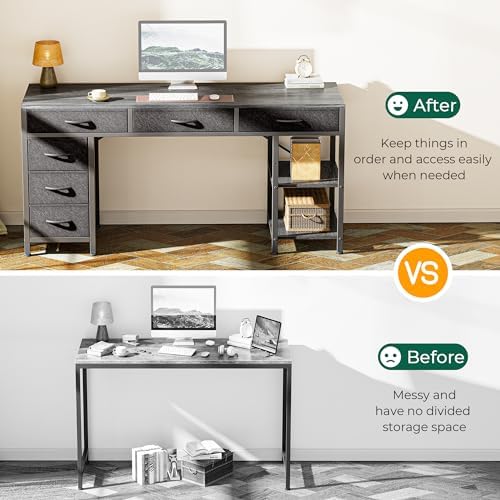Huuger Computer Desk with 6 Drawers, Office Desk with Shelves, Reversible Gaming Desk, Corner Desk with Storage, Work for Home Office, Study, Living Room, 54inch, Grey - Image 5