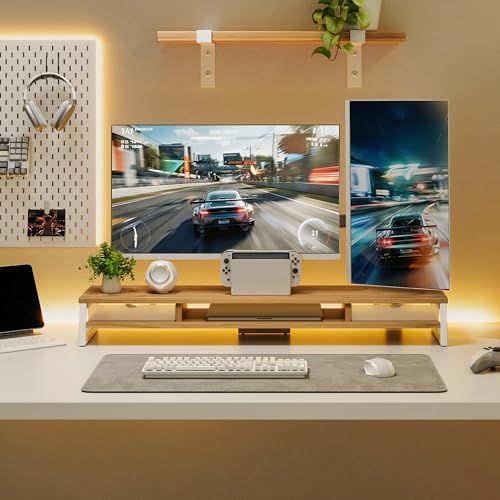 Fenge Dual Monitor Stand Riser, 42.5in Desk Shelf with 2 Drawers, Dark Oak - Image 6