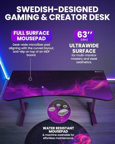 Arozzi Arena Special Edition Ultrawide Curved Gaming and Office Desk with Full Surface Water Resistant Desk Mat Custom Monitor Mount Cable Management Cut Outs - Purple Galaxy - Image 4