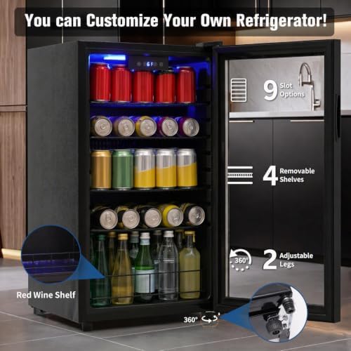 3.2 Cu.ft Beverage Refrigerator, 130 Can Wine Soda Beer Fridge with Glass Door and Digital Temperature Control, Undercounter Drink Cooler for Office Home Bedroom Dorm Bar - Image 6