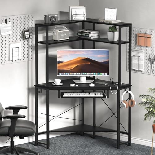 Corner Desk with Hutch and LED Light, Keyboard Tray, Black - Image 2