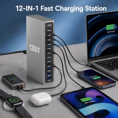 1200W GaN4 USB C Desktop Charging Station with 6.6FT 240W Cable, 12-in-1 Multiport Fast Charger Hub with Stand, 7X PD 140W Multi-Device Power Station for Laptops Tablets and Phones - Image 5