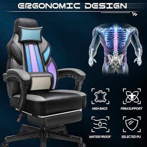 Gaming Chair for Adult, Computer Chair with Footrest Video Game Chair Big and Tall Gaming Chair with Massage Lumbar Support, Adjustable Height and 360° Swivel Seat(Grey) - Image 4