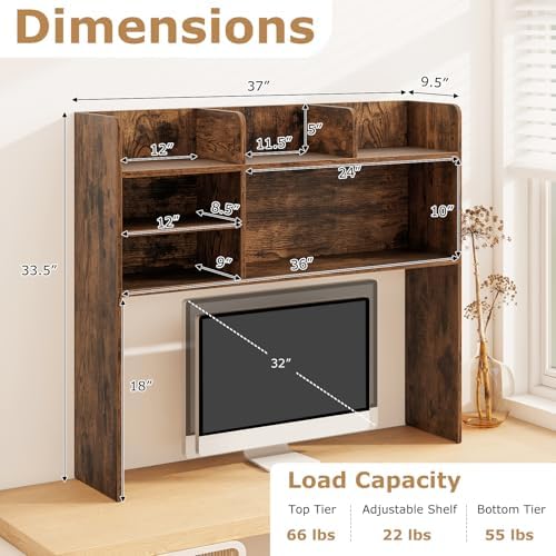 37" Desk Hutch Organizer, Desktop Bookshelf for Monitor Up to 32" - Image 3
