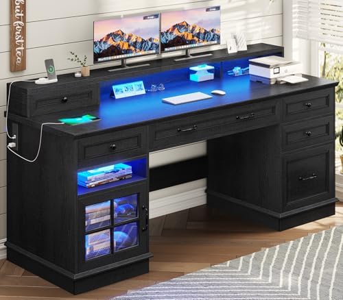 BTHFST 59.1" Executive Desk with File Drawer, Charging Station, Black by BTHFST