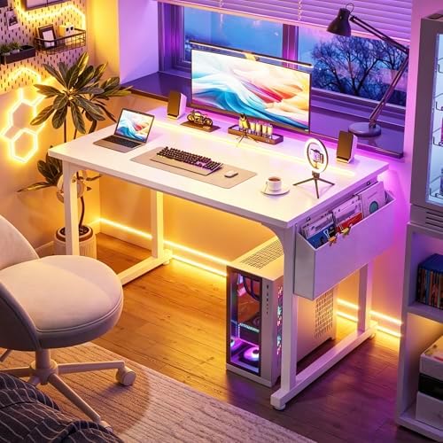 DurayLoly 40" Gaming Desk with Waterproof LED Lights for Bedroom,White - Image 5