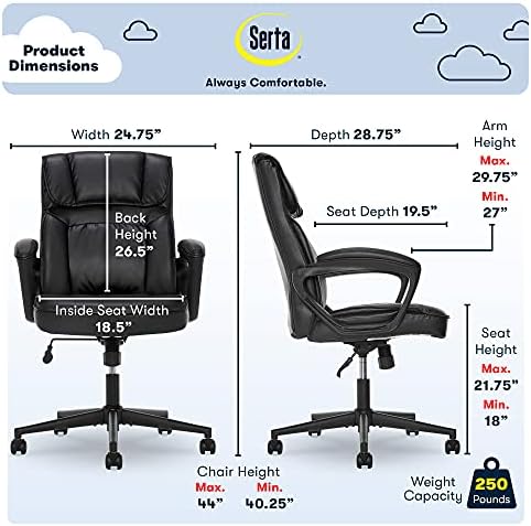 Serta Executive Office Chair with Lumbar Support, Padded Arms Leather Chair - Image 3