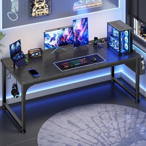 DurayLoly 63 x 24 inch Large Gaming Desk, 24mm Thick Desktop with RGB LED, Computer Desk with Built-in Power Outlets, Detachable Stand, 150LBS Heavy Duty, Ultimate Desk for Pro Gamers, Black by Durayloly