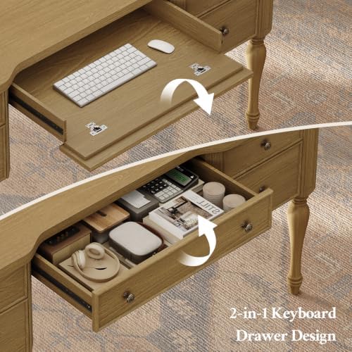 59in Wood Executive Desk with Solid Wood Legs & Keyboard Tray - Image 4