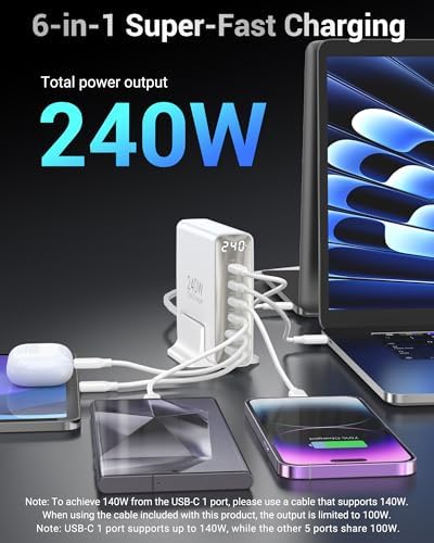 TOPADRE 240W USB C Charger with Display,6 Ports Charging Station - Image 2