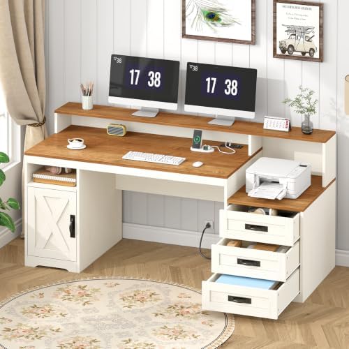 65" Farmhouse Computer Desk with Drawers and Printer Stand for Home Office by TVU