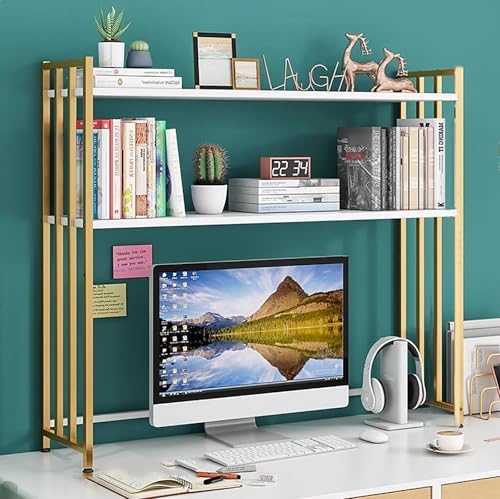 Metal Desk Hutch Dorm,2-Tier Desktop Bookshelf,Computer Desktop Organizer,Adjustable Display Rack for Home Office Dorm Countertop Storage Organizer (115cm/45.2", Gold White) by Unknown